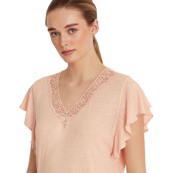NWT Ralph Lauren Pink Flutter Sleeve V Neck Lace Trim Top — Size Small - Picture 2 of 11